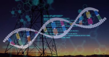 DNA sarmal modeli dijital biyoteknoloji sahnesinde görselleştiriliyor, altıgen grafikler ve kod örtüleriyle. Gelecekçi, bilimsel, yenilikçi, moleküler, teknoloji, görselleştirme, veri