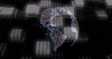 Parlayan panellerin arasında yüzen parçacık tabanlı dijital küre ve sürüklenen ikili kod, 3D render. Fütürist, teknoloji, veri, siber, görselleştirme, sanal, dijital alarm