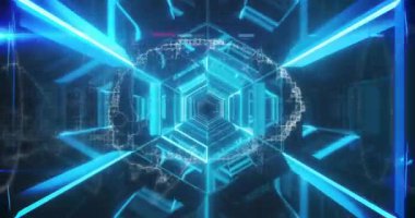 Neon-mavi altıgen tünel kaybolan derinliğe doğru akıyor, ışıldayan kirişleri ve arıza parçalarını çekiyor. Fütürist, siber punk, soyut, dijital alarm, daldırıcı, yüksek teknoloji, neon