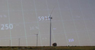 Düz dizaynlı rüzgar türbinleri çimenli düzlüklerde dönüyor, verilerle dijital şebeke örtüsü gösteriyor. Yenilenebilir, sürdürülebilirlik, enerji, teknoloji, modern, çevre, geniş