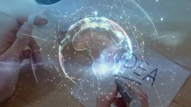 DATA yazarken el ele tutuşan holografik dünya yüzen düğümler ve veri noktaları ile dönüyor. Teknoloji, yenilik, bağlantı, fütürist, analitik, dijital, arayüz