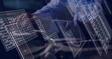 Akıllı telefon dinleme ve dizüstü bilgisayar yazma, animasyon finans çizelgeleri izleme. Finans, teknoloji, analitik, dijital, profesyonel, yenilik, veri