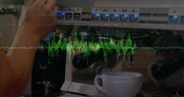 Espresso makinesinin kafası 3 boyutlu olarak canlandırılıyor. Kahveci eli portafilter tutuyor. Ekipman, işçilik, kesinlik, sanayi, teknoloji, içecek, verimlilik