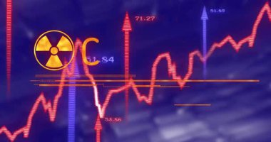 Radyasyon tehlikesi sembolü ve kırmızı çizelgelerle yüksek kontrastlı düz HUD 'de gösterilen uyarı metni. Uyarı, acil durum, tehlike, siber güvenlik, arayüz, uyarı, dijital