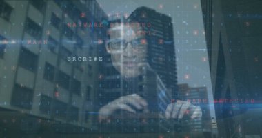 Kafkasyalı hackerın veri işleme görüntüsü. dijital güvenlik ve kimlik, dijital arayüz ve veri işleme kavramı dijital olarak oluşturuldu.