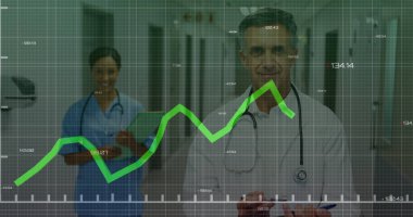 Çeşitli kadın ve erkek doktorların finansal verileri. finans, ekonomi, tıp, sağlık ve teknoloji konsepti dijital olarak oluşturulmuş görüntü.