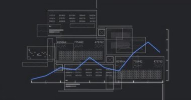 Koyu analitik gösterge paneli boyunca uzanan mavi çizgi grafiği, üstüste dizilmiş sayısal paneller ve çubuk çizelgeleri ile. Futuristik, teknoloji, veri görselleştirme, arayüz, dijital, analitik, gösterge paneli