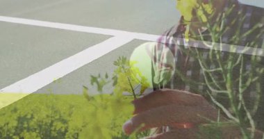 Erkek model, çiçek tarlası dokularını kaldırım hattı ve yeşil küreyle teknoloji temasında harmanlıyor. Soyut, sanatsal, canlı, doğa, kentsel, dinamik, çağdaş