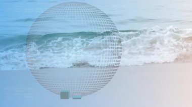 Dijital şeffaf kablo küresi ile kumlu sahil kıyısını kaplayan dikey bar tablosunu birleştiriyorum. Teknoloji, veri, analiz, fütüristik, minimalizm, okyanus, görselleştirme