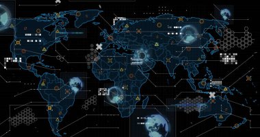 Dünya haritasında dürbün taraması, veri işleme ve işaretleyicilerin resmi. küresel bağlantılar ve veri işleme kavramı dijital olarak oluşturulmuş resim.
