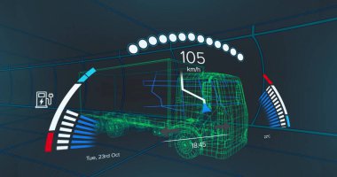 Dijital kamyonun üzerindeki araba paneli. küresel ulaşım ve dijital arayüz kavramı dijital olarak oluşturulmuş görüntü.