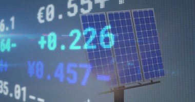Güneş paneli üzerinden finansal veri işleme görüntüsü. Elektrik, enerji ve güç dağılımı dijital olarak oluşturulmuş görüntü.
