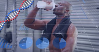 DNA ve grafikler, mutlu Afrika kökenli Amerikalı bir adamın su içip spor salonunda dinlendiğini gösteriyor. spor, aktif yaşam tarzı, rekabet ve bilim konsepti dijital olarak oluşturulmuş görüntü.
