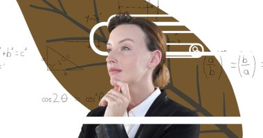 Beyaz arka planda grafiti ve matematik sembolleriyle düşünen beyaz iş kadını görüntüsü. eğitim, öğrenme ve iş konsepti dijital olarak oluşturulmuş imaj.