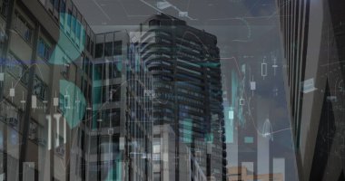 Şehir manzarası üzerinde finansal veri işleme resmi. Küresel iş, finans ve dijital arayüz kavramı dijital olarak oluşturulmuş görüntü.