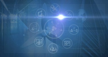 Mavi arkaplan üzerindeki simgelerle bağlantı ağının resmi. küresel bağlantılar, veri işleme ve teknoloji konsepti dijital olarak oluşturulmuş görüntü.