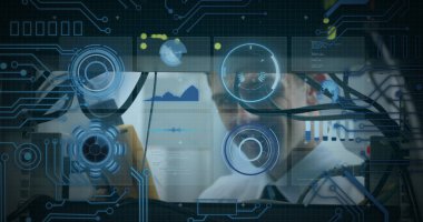 Beyaz adamın sunucu odasını incelediği veri işleme görüntüsü. küresel teknoloji ve dijital arayüz kavramı dijital olarak oluşturulmuş görüntü.