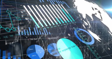 Karanlık arka planda finansal veri işleme resmi. Küresel bilim, bağlantılar, veri işleme ve dijital arayüz kavramı dijital olarak oluşturuldu.