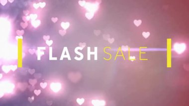 Pembe, solgun arka planda, ışıldayan kalpler ve sarı çubuklar arasında anlık satışı canlandıran bir metin. Geometrik, canlı, şenlikli, dijital sanat, pazarlama, promosyon, modern