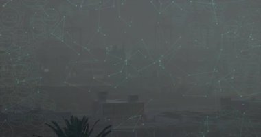 Sanayi limanı silueti sisli bir şekilde sürükleniyor, palmiye yapraklarını ve turkuaz ağ örtüsünü gösteren 3D çizgiler. Kentsel, distopyan, siber punk, teknoloji, mimari, makine, atmosfer