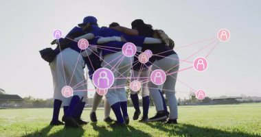 Kadın beyzbol takımı, yüzen eldiven ikonlarıyla sağlık eğitimi için sahada toplanıyor. Sporcular, takım çalışması, açık hava, spor, motivasyon, topluluk, birlik