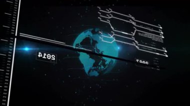 Holografik dijital küre siber HUD 'de dönüyor, veri devreleri ve mercek fişekleri var. Gelecek, teknoloji, arayüz, veri, siber güvenlik, yenilik, soyut