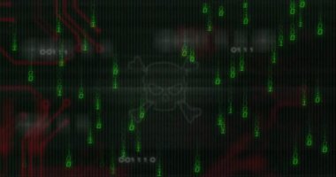 Kablo iskelet ve çapraz iskelet simgesi kırmızı devreler üzerinde çağlayan yeşil ikili haneli rakamlar gibi yüzüyor. Siber güvenlik, dijital sanat, hacker, tehdit, modern, gelecekçi, teknoloji