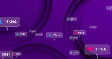 Eş merkezli gradyanlar arasında yüzen sosyal medya metrik baloncuklarını gösteren mor soyut tasarım. Teknoloji, dijital, yenilik, pazarlama, analitik, ağ, ui