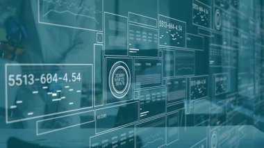 Şeffaf kurumsal veri panelleri çizgi grafikleri, grafikler, saçılma grafikleri göstergeleri gösteriyor. Teknoloji, analitik, görselleştirme, yenilik, iş, dijital, fütüristik