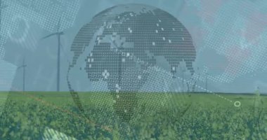 Küre, sarı alanın üzerinde süzülen yarım tonlu noktalar ve veri akışını gösteren rüzgar türbinleriyle oluşuyor. Yenilenebilir, sürdürülebilirlik, yenilik, tarım, teknoloji, bağlantı, fütürizm