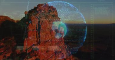 Kanyon üzerinde holografik veri arayüzü gösteren kumtaşı oluşumu, dönen üç boyutlu küre içeriyor. Jeoloji, teknoloji, fütürizm, veri görselleştirme, dijital, manzara, yenilik