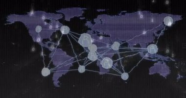 Mor dünya haritasında canlı ağ düğümleri, yüzen ikili basamaklar ve bölgeleri birbirine bağlayan avatarlar. Gelecek, teknoloji, dijital, bağlantı, küresel, soyut, siber
