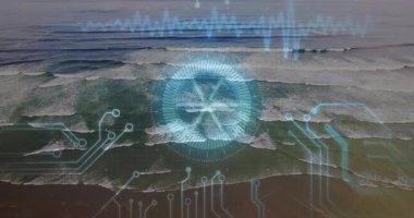 Dijital HUD, okyanus dalgaları üzerinde hareket ederek mavi dalga formu grafiklerini ve devre çizgilerini gösterir. Teknoloji, deniz, fütüristik, minimalizm, yenilik, veri görselleştirme, doğa