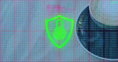 Turkuaz sayısal ızgaranın üzerinde yüzen kırmızı kalkan simgesi üzerinde parmak izi güvenlik tasarımı var. Siber güvenlik, veri koruması, dijital, teknoloji, yenilik, güvenlik simgesi, biyometrik
