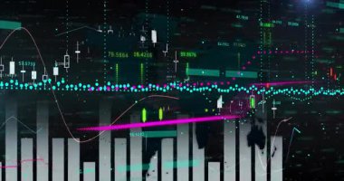 Canlandırılmış finansal arayüz neon şamdanlar, cyan noktalar, mor trend çizgileri, deniz mavisi çubukları gösteriyor. Teknoloji, analitik, yenilik, dijital, gösterge paneli, veri, grafik