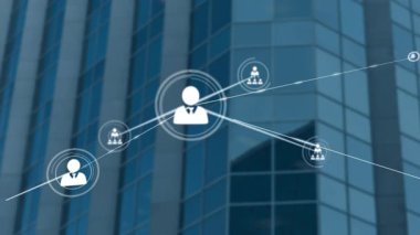 Yükseklik cephesinde kurumsal ağ görselleştiriliyor, bağlantı simgeleriyle düğümler gösteriliyor. Gelecek, bağlantı, gökdelen, yenilik, teknoloji, ağ, profesyonel