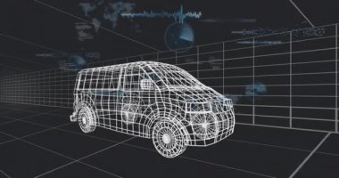 Karanlık sanal ızgarada yüzen kablo çerçeve minibüs modeli, dalga formu grafikleri, kod parçaları, radar gösteriyor. Fütürist, dijital, teknoloji, veri görselleştirme, kaba, sanal ortam, arayüz
