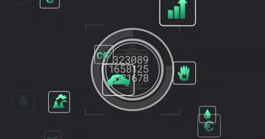 Merkezi gösterge paneli dönen veri halkalarını canlandırıyor, yörünge komutanı, su damlası, EV, avro ikonları yer alıyor. Fütürist, teknik, yenilikçi, dijital, çevre dostu, analitik, minimalist