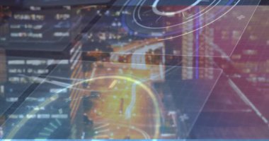 Dijital HUD gece boyunca parlayan daireler, ızgara çizgileri ve artı simgelerle canlandırma yapar. Fütürist, teknoloji, kentsel, gece, yenilik, bilim kurgu, dijital