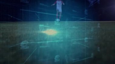 Teknoloji odaklı sahada yarışan iki erkek futbolcu holografik şebeke ve veri akışlarıyla yarışıyor. Atletizm, rekabet, fütüristik, yenilik, spor, dijital, takım çalışması