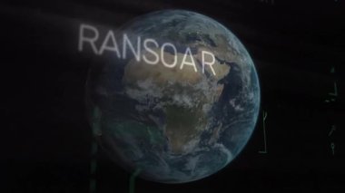 3D Dünya küresi karanlık uzayda dönüyor, RANSOMWARE ikili rakamlarla örtüşüyor. Gezegen, siber güvenlik, dijital, geleceksel, teknoloji, küresel, veri