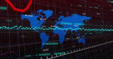 Siyah şebeke üzerinde turkuaz noktalar ve kırmızı çizgi grafiğini gösteren stilize edilmiş mavi dünya haritası. Veri, analitik, görselleştirme, gösterge paneli, teknoloji, dijital, fütürist