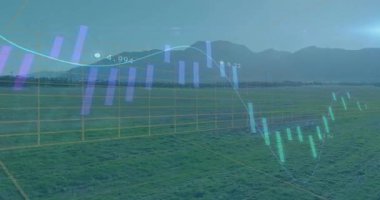 Açık tarım alanı yüzen mor çubuklar ve mavi çizgi grafikleriyle dijital ızgara örtüsünü gösteriyor. Tarla, sürdürülebilirlik, yenilik, teknoloji, gis, kırsal, çevre dostu