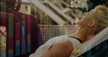 Kadın fitness salonunda bacak egzersizi yapıyor, bar çizelgeleri sergiliyor, borsa senetleri satıyor. Güç, zindelik, teknoloji, veri görselleştirme, kentsel, egzersiz, dinamik