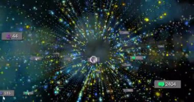 Sosyal medya verileri üç boyutlu görselleştiriliyor, dönen renkli noktalar ve yüzen metrik simgeler gösteriliyor. Dijital, geleceksel, veri, teknoloji, ağ, görselleştirme, analitik