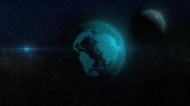 Uzayın derinliklerinde yüzen dijital mavi dünya küresi parlayan veri ızgaralarını ve hareket eden pikselleri gösteriyor. Fütürist, gezegensel, kozmik, teknolojik, dijital, aydınlık, uzay