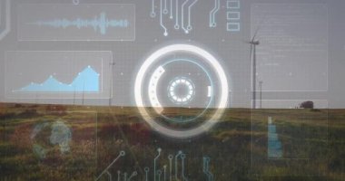 Rüzgâr tarım sahnesi yarı saydam HUD 'yi dairesel arayüzle, çizgi grafikleriyle, dalga biçimi panelleriyle gösteriyor. Yenilenebilir, sürdürülebilirlik, teknoloji, çevre dostu, yönetim, yenilik, görselleştirme