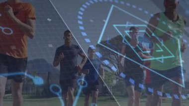 Dışarı koşan bir grup erkek koşucu, sağlık teknolojisi arayüzünü şebeke ve veri noktalarıyla örtüyor. Fitness, takım çalışması, teknoloji, doğa, canlılık, spor giyimi, yenilik
