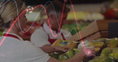 İki market çalışanı, yüzen envanter verilerini gösteren yeşil biberleri üretim bölümünde düzenliyor. Taze üretim, takım çalışması, perakende, veri analizi, envanter yönetimi, dijital kaplama, canlı