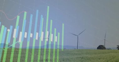 Kırsal kesimde, saydam veri grafikleri ve çimenlik alanla rüzgar türbinleri görselleştiriliyor. Sürdürülebilirlik, yenilenebilirlik, teknoloji, enerji, manzara, iklim, analitik